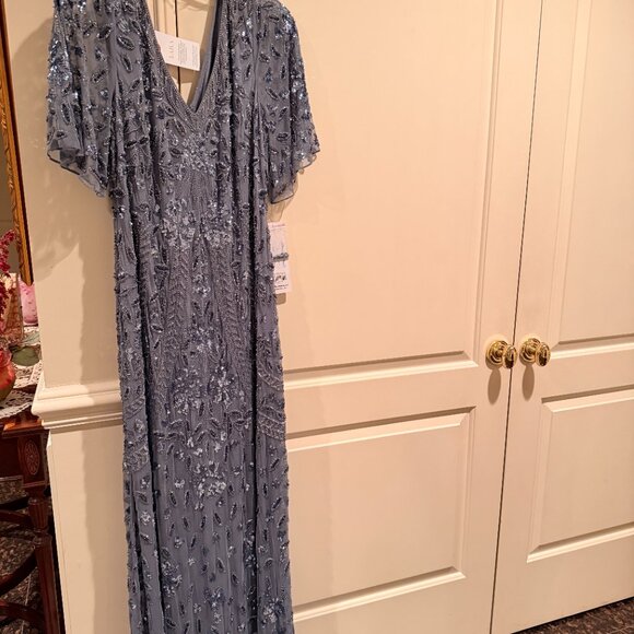 Lara Cape Sleeve Blue V-Neck Beaded Gown, Mother of the Bride, Brand New w Tags - Picture 3 of 12